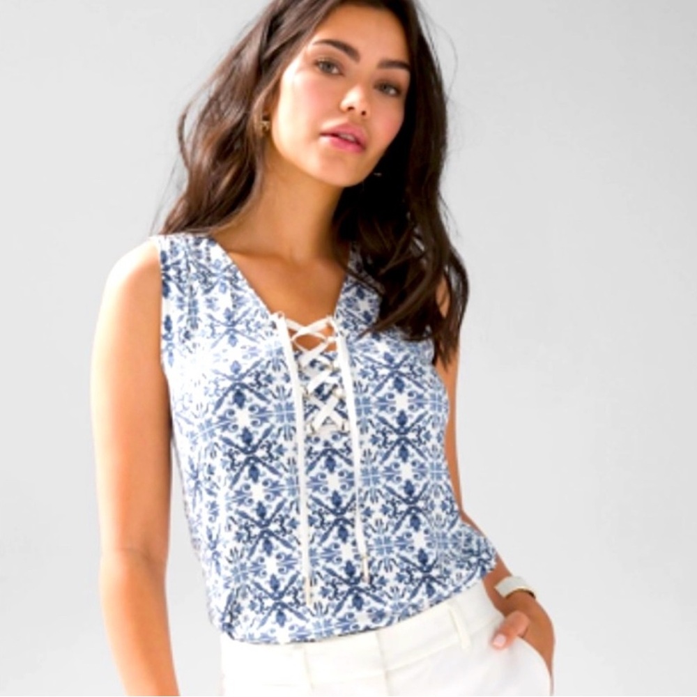 WHBM lace-up tank, Spanish tile blue and white print, small